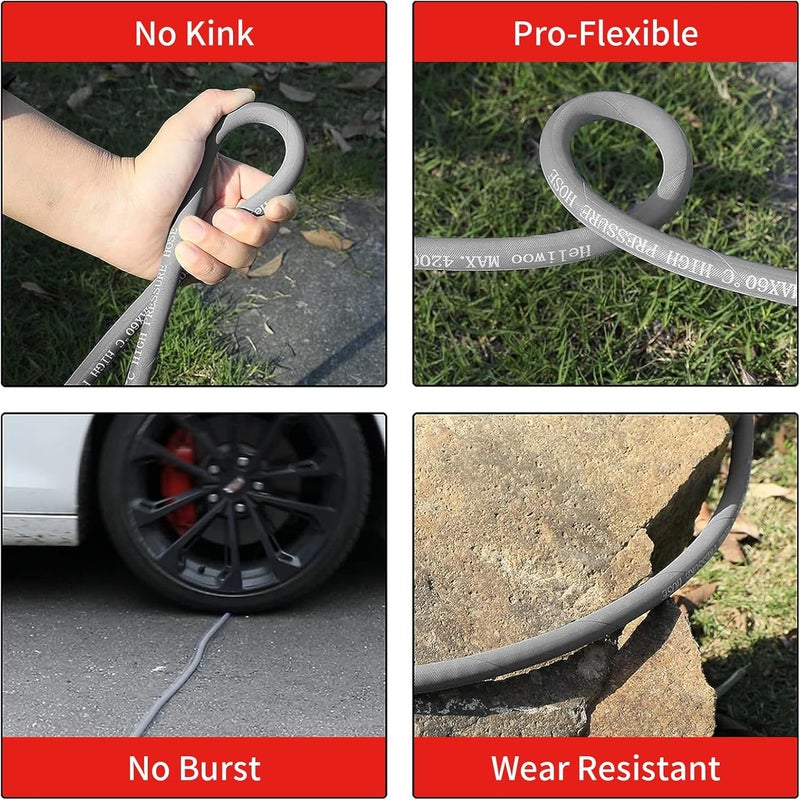 Heliwoo Pressure Washer Hose 25FT, 4200PSI High Tensile Wire Braid Kink Resistant Power Washer Extension Hose, 1/4'' Flexible Replacement Hose with M22-14mm Brass Swivel Thread and 3/8 Quick Connect - Image 2